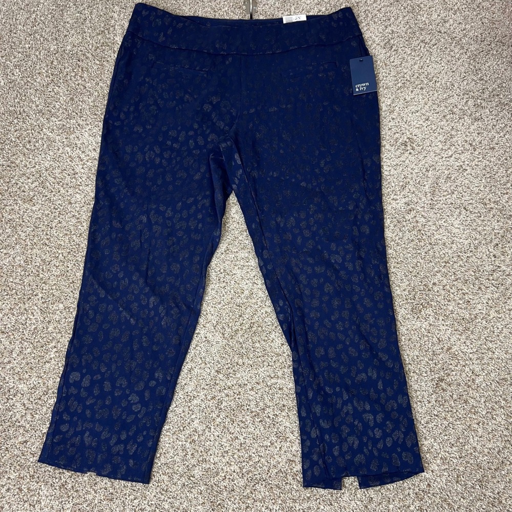 Crown & Ivy Harbor Navy Animal Print Shimmer Pull On Pants 20W Plus NWT